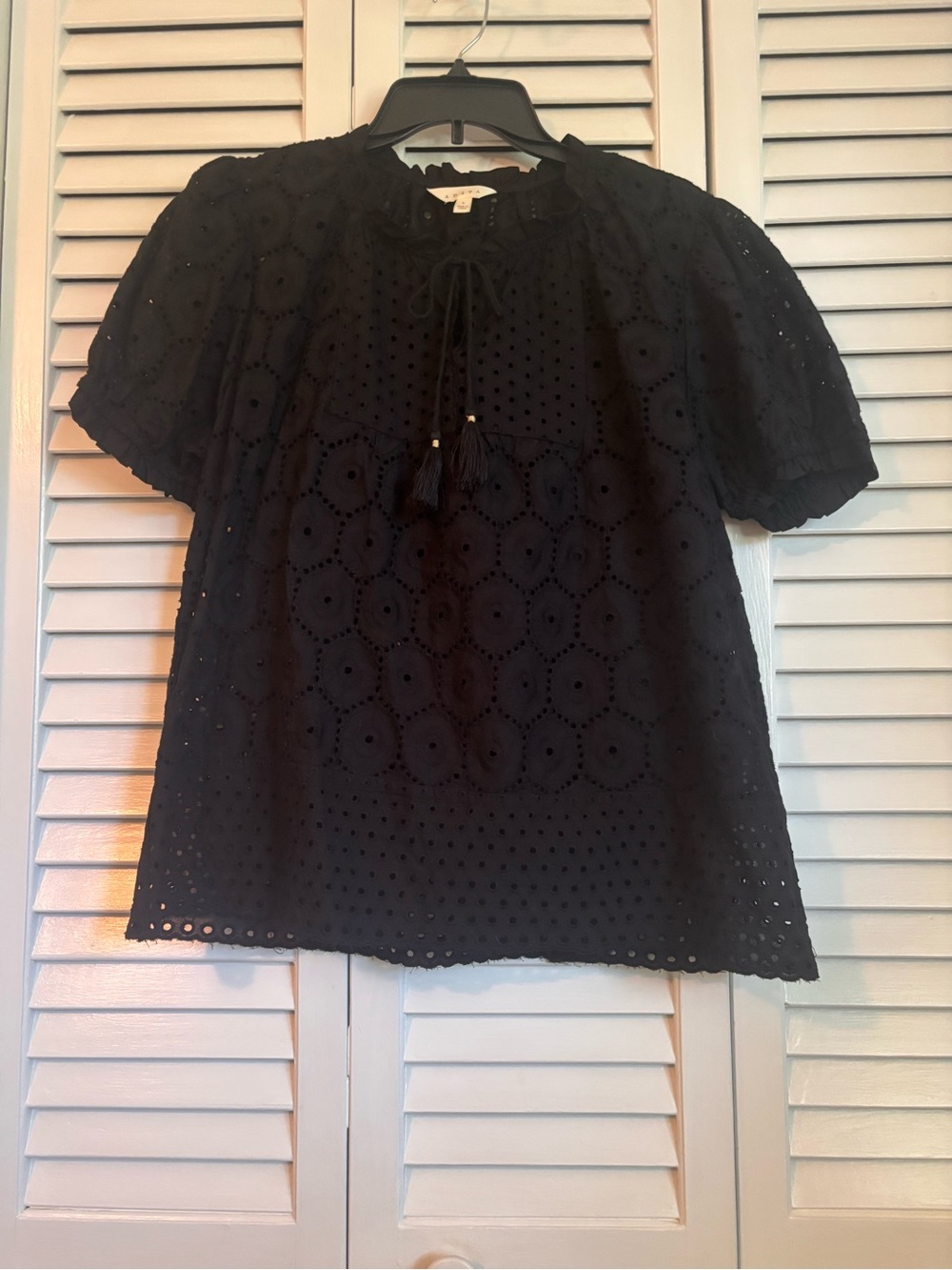 Adiva Goth Boho Festival Black Eyelet Tie-Front Puff Sleeve Blouse
